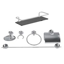 Kit Acessórios Banheiro Inox 5 Peças + 1 Porta Shampoo Reto