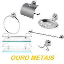 Kit Acessórios Banheiro inox 5peças + 2 Porta Shampoo Reto