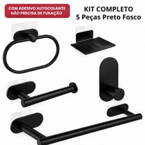 Kit Acessórios Banheiro Inox Preto Fosco 5 Peças Autoadesivo Porta Toalha, Suporte Papel Higiênico e Ganchos Sem Furação Reforçado Kit Acessórios Banheiro Inox Preto Fosco 5 Peças Autoadesivo Porta Toalha, Suporte Papel Higiênico e Ganchos Sem Furação Reforçado