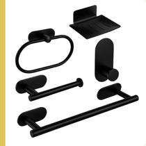 Kit Acessórios Banheiro Lavabo Aço Inox Autoadesivo Com 5 Peças Cor Preto Fosco Kit Acessórios Banheiro Lavabo Aço Inox Autoadesivo Com 5 Peças Cor Preto Fosco
