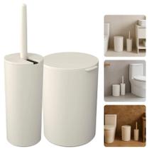 Kit Acessórios Banheiro Lavabo Escova Sanitária Lixeira Redonda 5 Litros Off White Bege Moderno Kit Acessórios Banheiro Lavabo Escova Sanitária Lixeira Redonda 5 Litros Off White Bege Moderno