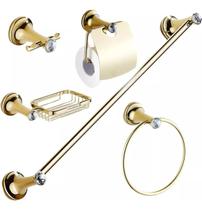 Kit Acessórios Banheiro Pedra 5 Peças Dourado Lavabo Saboneteira Porta Toalha Grande Gancho Argola Organizador Luxo Diamante Papel Higiênico