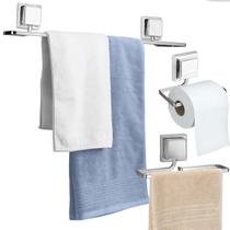 Kit Acessórios Banheiro Porta Toalha Rosto Banho Papeleira Sem Furo Dupla Face 3M Cromado Arthi