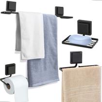 Kit Acessórios Banheiro Porta Toalha Rosto Banho Saboneteira Papeleira Sem Furo Dupla Face 3M Preto Arthi