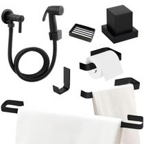 Kit Acessórios Banheiro Preto Fosco 5 peças com Saboneteira Acabamento de Registro e Ducha Higiênica POP ABS Kit Acessórios Banheiro Preto Fosco 5 peças com Saboneteira Acabamento de Registro e Ducha Higiênica POP ABS