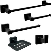 Kit Acessorios Banheiro Preto Fosco Metal Inox Toalheiro Reto Porta Toalha 40cm Saboneteira Papeleira Cabide Gancho Suporte Parede 5 Peças Lavabo
