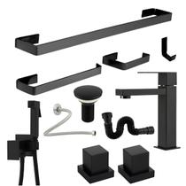 Kit Acessórios Banheiro Preto Fosco Torneira Baixa Acabamento de Registro Deca Ducha e Kit Instalação Kit Acessórios Banheiro Preto Fosco Torneira Baixa Acabamento de Registro Deca Ducha e Kit Instalação