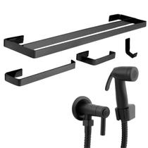 Kit Acessórios Banheiro Toalheiro Duplo Casal Preto Fosco com Ducha Higiênica POP ABS Preto