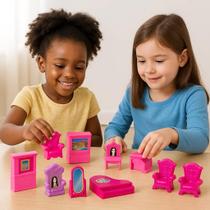 Kit Acessórios Casa Barbie Ursinho Sofá Nina Brinquedo Boneca Espelho Presente Diversão Criança