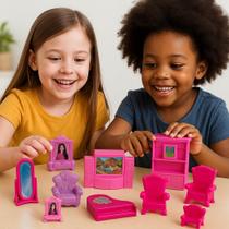 Kit Acessórios Casa Nina Brinquedo Boneca Barbie Ursinho Sofá Espelho Presente Diversão Criança