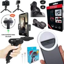 Kit Acessórios Celular Mini Tripé Steadicam Anel Luz Led Lentes Olho Peixe Angular Gravação Vídeo Foto Kit Acessórios Celular Mini Tripé Steadicam Anel Luz Led Lentes Olho Peixe Angular Gravação Vídeo Foto