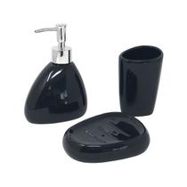 Kit Acessórios de Banheiro Lavabo Saboneteira Cerâmica Dispenser Sabonete Liquido Porta Escovas Objetos Algodão 3 peças