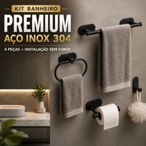 Kit Acessórios De Banheiro Preto 4 Peças Porta Papel Suporte Toalhas Adesivo Sem Furo Aço Inox 304