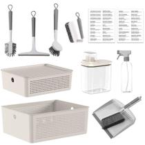Kit Acessórios de Limpeza Flow Bege Caixa Organizadora Escova Multiuso Dispenser Rodo