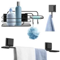 Kit Acessorios De Luxo Preto Black Banheiro Lavabo Porta Shampoo Toalha