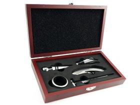 Kit Acessórios De Vinho 5 Peças Dosador Saca Rolha Com Caixa de Madeira