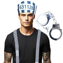 Kit Acessórios Fantasia Presidiário: Suspensório + Algemas + Gorro = 3 Produtos Festa Carnaval