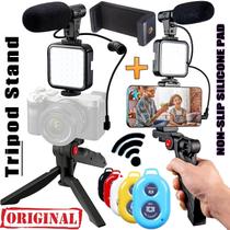 Kit Acessórios Gravação Vídeo Tripé Celular Câmera Luz Led Iluminador Flash Selfie Youtuber Controle Bluetooth Microfone