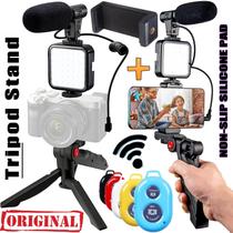 Kit Acessórios Gravação Vídeo Tripé Celular Câmera Luz Led Iluminador Flash Selfie Youtuber Controle Bluetooth Microfone