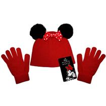 Kit Acessórios Inverno Infantil Vermelho Menina Personagem Minnie Mouse - Disney: Touca Gorro + Luvas