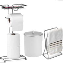 Kit Acessorios Lavabo Banheiro Lavabo Toalha Rosto Porta Papeleira E Celular Luxo Branco PRateado Arthi