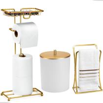 Kit Acessorios Lavabo Banheiro Toalha Rosto Porta Papeleira E Celular Luxo Dourado Arthi
