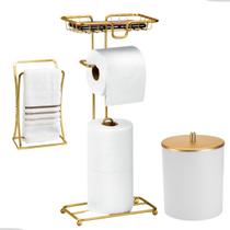 Kit Acessorios Lavabo Banheiro Toalha Rosto Porta Papeleira E Celular Luxo Dourado Arthi