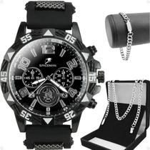 Kit Acessórios Masculinos Relógio Analógico Preto Aço Inox Pulseira Silicone com Cordão e Pulseira Grumet Banhados