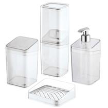 Kit Acessórios P/ Banheiro Lavabo Transparente 4 Peças C/ Saboneteira Porta Algodão Escova Saboneteira Dispenser