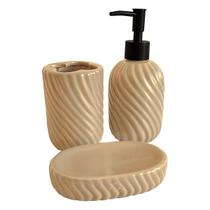 Kit Acessórios Para Banheiro 3 Peças Cerâmica Texturizado Saboneteira Porta Escova