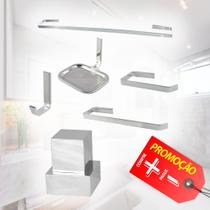 Kit Acessórios para banheiro 5 peças QUADRADO + Acabamento Registro QUADRADO Alto Abs Cromado Luxo Cód. 8806