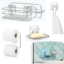 Kit Acessórios Para Banheiro Aço cromado Porta Shampoo e Condicionador Toalheiro Saboneteira Sem Furo Fixação 3m - Arthi