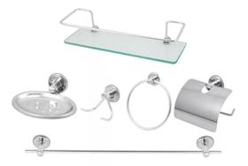Kit Acessórios Para Banheiro Aço Inox 5 Peças + 1 Porta Shampoo Vidro Reto