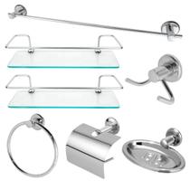 Kit Acessórios Para Banheiro Aço Inox 5 Peças 2 Porta Shampoo Vidro Reto ENVIO IMEDIATO