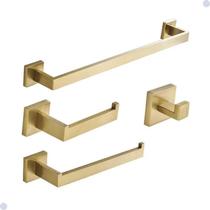 Kit acessórios para banheiro aço inox acabamento quadrado dourado escovado 4 peças