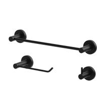 Kit Acessórios para Banheiro Aço Inox e Metal Preto Fosco Acetinado 3 Itens Modelo Athenas