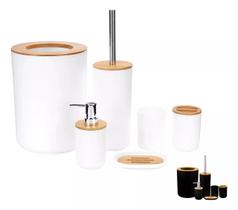 Kit Acessórios Para Banheiro Conjunto de 6 Peças Para Lavabo Completo Design Moderno em Bambu e Plástico