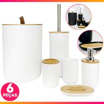 Kit Acessórios Para Banheiro Conjunto de 6 Peças Para Lavabo Completo Design Moderno em Bambu e Plástico Kit Acessórios Para Banheiro Conjunto de 6 Peças Para Lavabo Completo Design Moderno em Bambu e Plástico