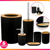 Kit Acessórios Para Banheiro Conjunto De 6 Peças Para Lavabo Completo Moderno Em Bambu E Plástico
