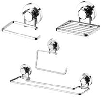 Kit Acessorios Para Banheiro Cromado Com Ventosa 4 Peças Kit Acessorios Para Banheiro Cromado Com Ventosa 4 Peças