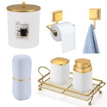 Kit Acessorios Para Banheiro Lixeira Porta Escova Toalha Papel Higiênico Box Conjunto Para Lavabo Dourado Luxo