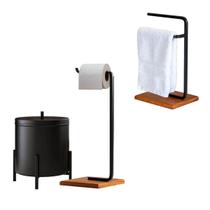 Kit Acessórios para Banheiro Lixeira Suporte Papel Higiênico e Porta Toalha Duplo Base de Madeira