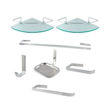 Kit Acessórios Para Banheiro Quadrado Aço Inox 5 Peças + 2 Porta Shampoo Vidro Canto Cód. 1885