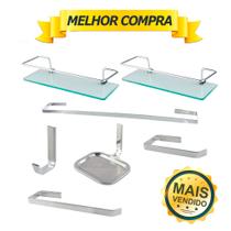 Kit Acessórios Para Banheiro Quadrado Aço Inox 5 Peças + 2 Porta Shampoo Vidro Retangular Cód. 1884