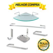 Kit Acessórios Para Banheiro Quadrado Aço Inox 6 Peças Com Porta Shampoo Vidro Canto Cód. 1883