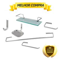 Kit Acessórios Para Banheiro Quadrado Aço Inox 6 Peças Com Porta Shampoo Vidro Retangular Cód. 1882