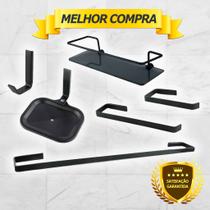 Kit Acessórios Para Banheiro Quadrado Aço Inox 6 Peças Com Porta Shampoo Vidro Retangular PRETO FOSCO Cód. 1992