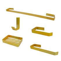 Kit Acessórios Para Banheiro Quadrado de Metal 5 Peças Dourado Luxo Cód. 7270