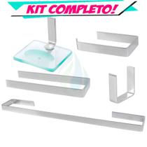 Kit Acessórios Para Banheiro Quadrado Metal 5 Peças Luxo Completo C/ Saboneteira Cód. 5436