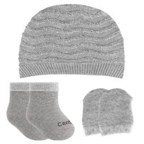 Kit Acessórios Para Bebês Cinza Meninos Luva Touca Meia Sapatinho 5 Peças